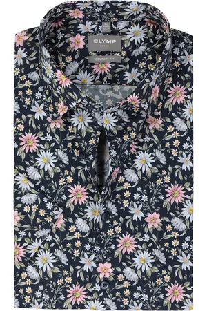Olymp Comfort fit overhemd - korte mouw - popeline - marine blauw dessin - Strijkvrij - Boordmaat: 42
