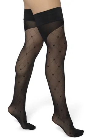 Bonnie Doon Dames Hold Up met Hartjes Print maat S/M Zwart - Brede Band met Siliconen - Little Hearts Hold Up - Zakt niet af - Bies aan Achterkant - Panty zonder Broekje - Siliconenrand - Blijven Perfect Plakken - Panty Kousen - - BP201705.101
