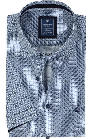 Redmond Comfort fit overhemd - korte mouw - popeline - blauw met wit dessin - Strijkvriendelijk - Boordmaat: 53 - 54