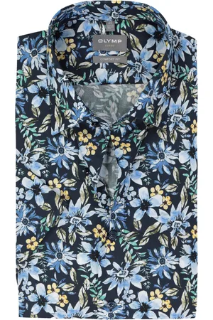 Olymp Comfort fit overhemd - korte mouw - popeline - donkerblauw met groen - geel en lichtblauw bloemen dessin - Strijkvrij - Boordmaat: 40