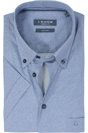 Ledub Modern fit overhemd - korte mouw - middenblauw mini dessin - Strijkvriendelijk - Boordmaat: 40