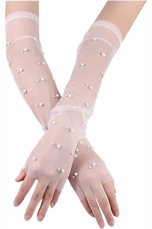 Merkloos Parelnethandschoenen - Lange vingerloze handschoenen van transparante tule voor bruiloftsjurk (wit) - Eén maat
