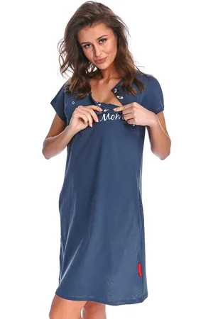Doctor Nap Katoenen Nachthemd met Magnetische Drukknoopjes Borstvoeding Zwangerschap Nachtkleding Deep Blue TCB.9992 M