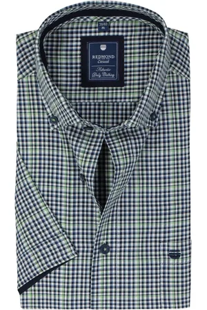 Redmond Comfort fit overhemd - korte mouw - Oxford - blauw wit en groen geruit - Strijkvriendelijk - Boordmaat: 51 - 52