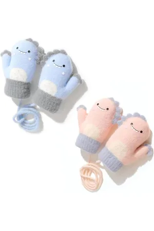 Merkloos 2 paar warme babyhandschoenen winterhandschoenen geweven handschoenen schattige dinosaurushandschoenen hangende halshandschoenen geschikt voor zuigelingen en peuters van 1-3 jaar - Blauw roze. Eén maat .