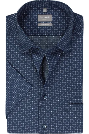 Olymp Comfort fit overhemd - korte mouw - popeline - marine blauw dessin - Strijkvrij - Boordmaat: 43