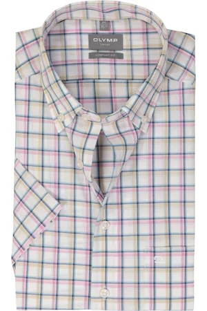 Olymp Comfort fit overhemd - korte mouw - popeline - wit met blauw - beige en roze geruit - Strijkvrij - Boordmaat: 40