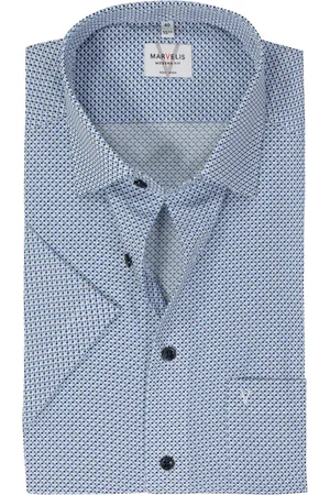 Marvelis Modern fit overhemd - korte mouw - popeline - lichtblauw dessin - Strijkvrij - Boordmaat: 45