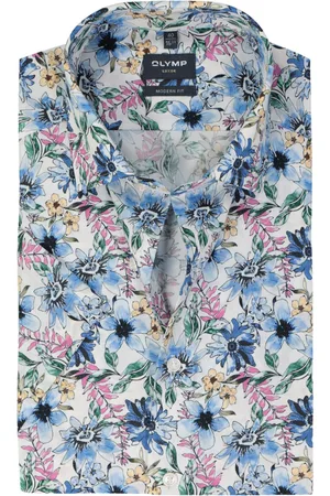 Olymp Modern fit overhemd - korte mouw - popeline - wit met blauw - groen en roze bloemen dessin - Strijkvrij - Boordmaat: 43