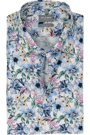 Olymp Comfort fit overhemd - korte mouw - popeline - wit met blauw - groen en roze bloemen dessin - Strijkvrij - Boordmaat: 40