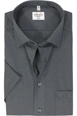 Marvelis Modern fit overhemd - korte mouw - popeline - zwart dessin - Strijkvrij - Boordmaat: 46