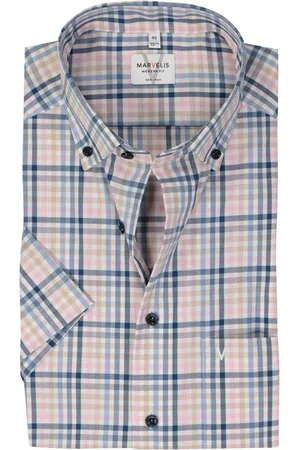 Marvelis Modern fit overhemd - korte mouw - popeline - roze geruit - Strijkvrij - Boordmaat: 45