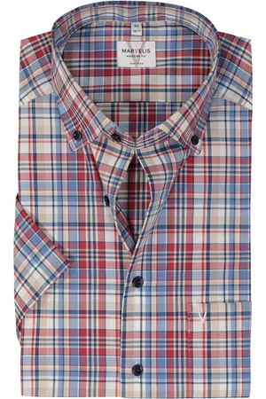 Marvelis Modern fit overhemd - korte mouw - popeline - rood geruit - Strijkvrij - Boordmaat: 40