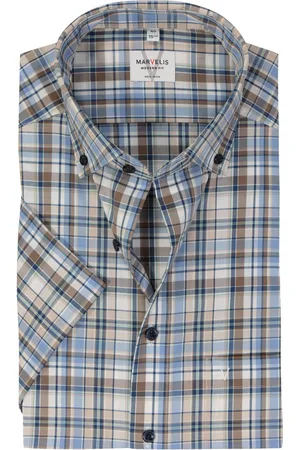 Marvelis Modern fit overhemd - korte mouw - popeline - lichtbruin geruit - Strijkvrij - Boordmaat: 42
