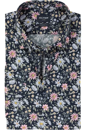 Olymp Modern fit overhemd - korte mouw - popeline - marine blauw dessin - Strijkvrij - Boordmaat: 44