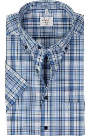 Marvelis Modern fit overhemd - korte mouw - popeline - lichtblauw geruit - Strijkvrij - Boordmaat: 46