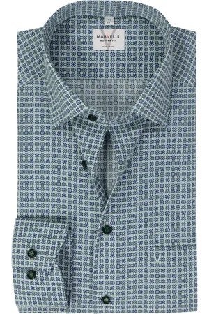 Marvelis Modern fit overhemd - mouwlengte 7 - popeline - groen dessin - Strijkvrij - Boordmaat: 42