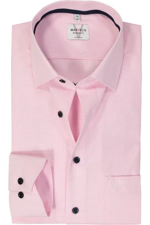 Marvelis Modern fit overhemd - popeline - roze geruit - Strijkvrij - Boordmaat: 38