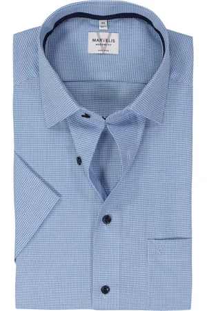 Marvelis Modern fit overhemd - korte mouw - popeline - lichtblauw geruit - Strijkvrij - Boordmaat: 40