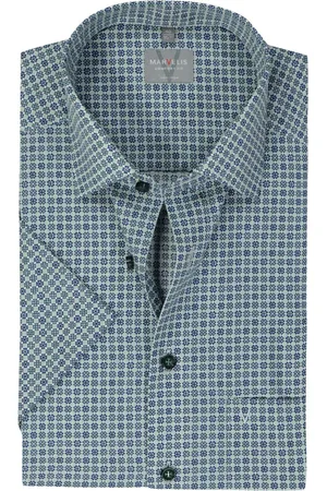 Marvelis Comfort fit overhemd - korte mouw - popeline - groen dessin - Strijkvrij - Boordmaat: 40
