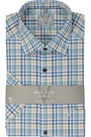 Marvelis Comfort fit overhemd - korte mouw - popeline - groen geruit - Strijkvrij - Boordmaat: 40