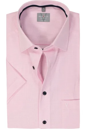 Marvelis Comfort fit overhemd - korte mouw - popeline - roze geruit - Strijkvrij - Boordmaat: 48
