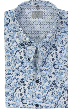 Marvelis Comfort fit overhemd - korte mouw - popeline - lichtblauw dessin - Strijkvrij - Boordmaat: 46