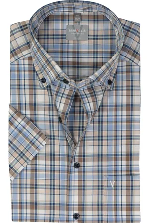 Marvelis Comfort fit overhemd - korte mouw - popeline - lichtbruin geruit - Strijkvrij - Boordmaat: 44