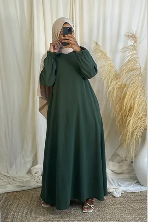 Merkloos Dames lange jurk - jurk L/XL- pof mouwen-abaya-modest- dames jurk- lange mouwen- jurk- pofmouwtjes- lange abaya groen- groen jurk- dames jurk groen-legergroen- pof mouwtjes - abaya