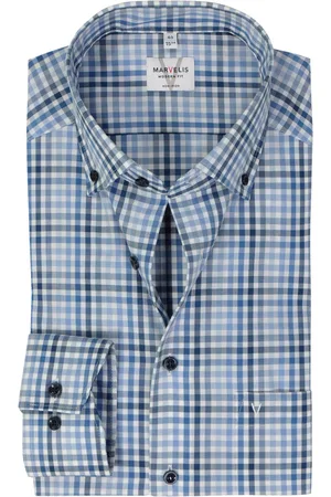 Marvelis Modern fit overhemd - popeline - lichtblauw geruit - Strijkvrij - Boordmaat: 38