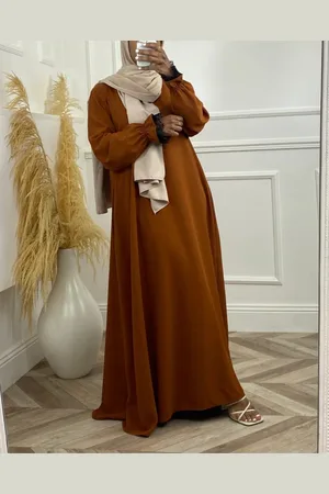 Merkloos Dames lange jurk - jurk M/L- kanten mouwen-abaya-modest- dames jurk- lange mouwen- bruine jurk- pofmouwtjes- lange abaya -bruine jurk- dames jurk - moslima