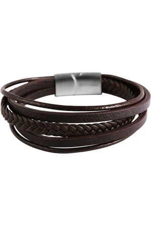 Akzent Gevlochten armband van echt leer met RVS connector donkerbruin/zilverkleurig 22cm.