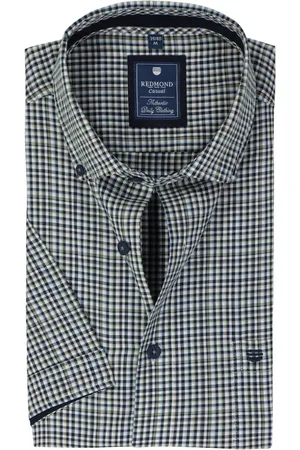 Redmond Comfort fit overhemd - korte mouw - Oxford - blauw - wit en beige geruit - Strijkvriendelijk - Boordmaat: 43 - 44
