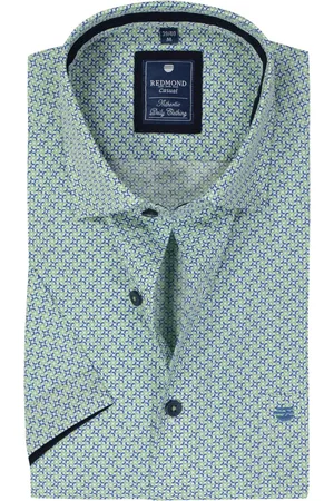 Redmond Comfort fit overhemd - korte mouw - popeline - blauw met wit en groen dessin - Strijkvriendelijk - Boordmaat: 39 - 40