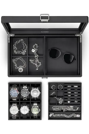 Merkloos Horlogedoos voor Heren met Glazen Deksel - Multifunctionele Sieraden- en Horlogeopslag met 6 Horlogekussens