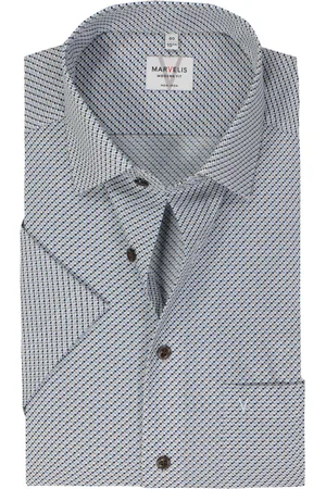 Marvelis Modern fit overhemd - korte mouw - popeline - lichtbruin dessin - Strijkvrij - Boordmaat: 43