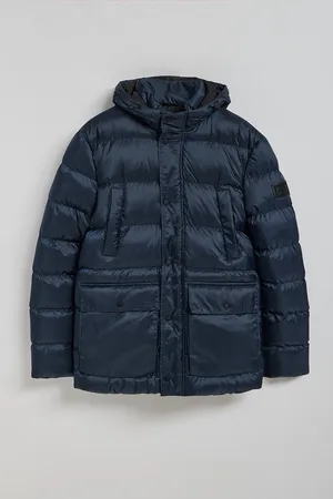 Polo Club® Marineblauwe lange jas "Greenwich" met zakken, een vaste kap en -details