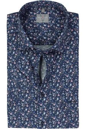 Marvelis Comfort fit overhemd - korte mouw - popeline - donkerblauw dessin - Strijkvrij - Boordmaat: 42