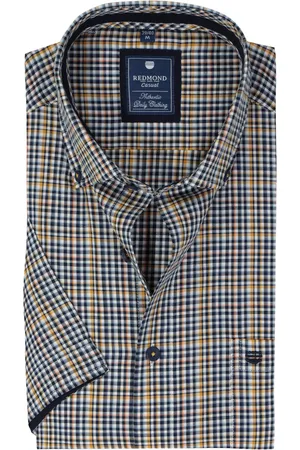 Redmond Comfort fit overhemd - korte mouw - Oxford - blauw - wit en geel geruit - Strijkvriendelijk - Boordmaat: 41 - 42