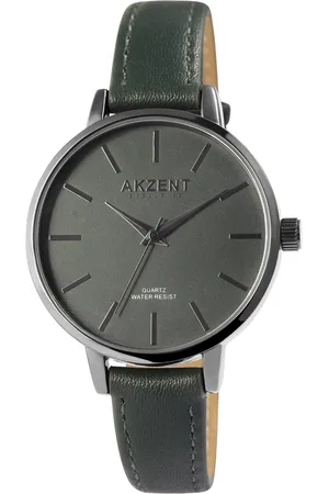Akzent Dames horloge-Analoog-Rond-38MM-Antraciet kast-Donker groen lederen band.