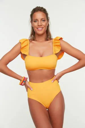 Trendyol Blauwe Bralet Frill Textured High Waist Hipster Bikiniset Tbess22Bt0049