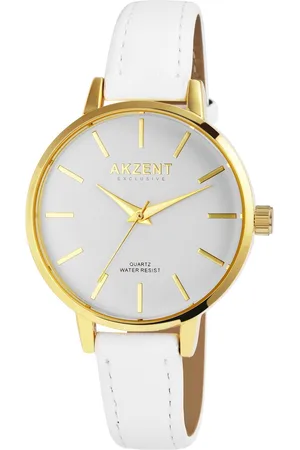 Akzent Dames horloge-Analoog-Rond-38MM-Goudkleurig-Wit lederen band.