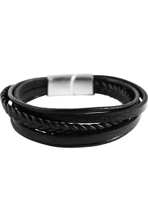 Akzent Gevlochten armband van echt leer met RVS connector 22cm.