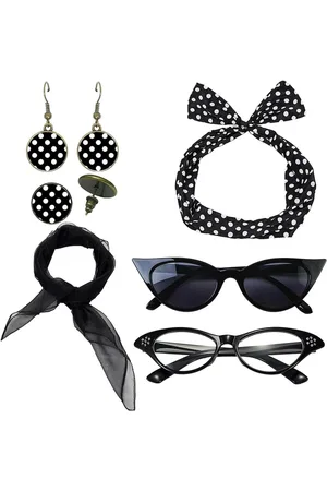 Merkloos 6-delig Rockabilly Tijdreiskostuum Vrouwen met Sjaal Kattenbril Polka Dot Bandana Tie Hoofdband Oorbellen (Zwart)