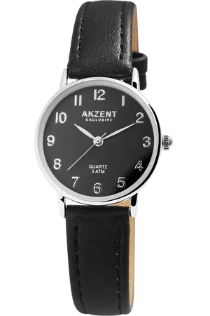 Akzent Dames horloge-Analoog-Rond-28MM-Zilverkleurig-Zwart lederen band.