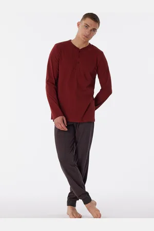 Schiesser Fine Interlock pyjamaset - heren pyjama lang interlock manchetten knoopsluiting geruit terracotta