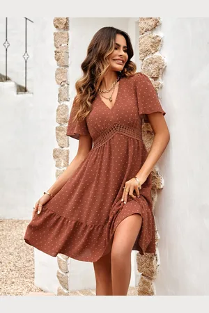 Merkloos Zomerjurk Dames Elegante Jurk Knielengte Zwitsers Stippen A-lijn Korte Mouw V-hals Strand Bruiloft Feestelijk XL