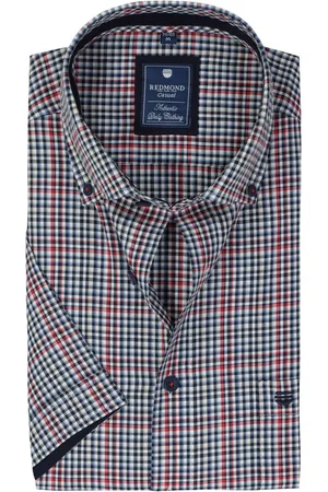 Redmond Comfort fit overhemd - korte mouw - Oxford - blauw - wit en rood geruit - Strijkvriendelijk - Boordmaat: 39 - 40
