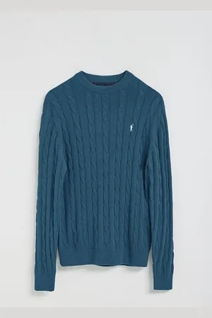 Polo Club® Jeansblauwe gebreide trui met gevlochten kabels en Rigby Go-logo