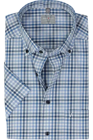 Marvelis Comfort fit overhemd - korte mouw - popeline - lichtblauw geruit - Strijkvrij - Boordmaat: 44